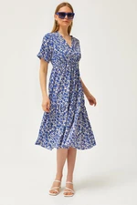 Olalook Women's Daisy Saks Blue Elastic Waist Double Breasted Collar Patterned Dress