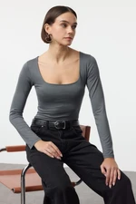 Trendyol Anthracite Square Neck Snap-Front Premium Knitted Bodysuit