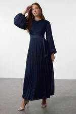 Trendyol Navy Blue Lined Sash Detailed Glitter Chiffon Evening Dress