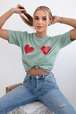 Cotton blouse with heart print dark mint