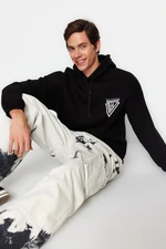 Trendyol Black Hooded Oversize/Wide Cut College Printed Cotton Fleece Sweatshirt