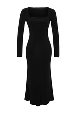 Trendyol Black Ruffles Square Neckline Fitted/Slipped Maxi Stretch Knit Dress