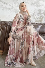 InStyle Lace Chiffon Hijab Dress with Jacquard Collar and Buttons - Powder