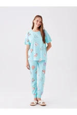 LC Waikiki Round Neck Patterned Short Sleeve Women's Pajamas Set