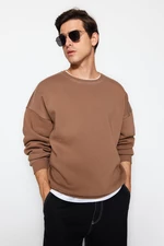 Trendyol Men's Brown Oversize Stitching Detail Sweatshirt with Fleece Inside.