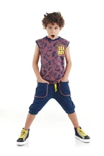 Mushi Sea Boy Sleeveless T-shirt, Navy Blue Capri Shorts Summer Suite.