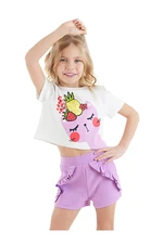 Denokids Fruity Cat Girl Child Crop Top White T-shirt and Lilac Shorts Set.