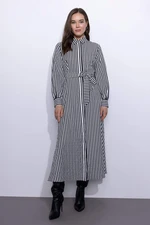 DEFACTO Shirt Collar Striped and Belted Long Sleeve Poplin Maxi Dress