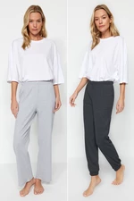 Trendyol 2-balení šedé-antracitové žebrované bavlněné pletené pyžamové kalhoty