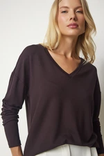 Happiness İstanbul Women's Dark Brown V-Neck Knitwear Blouse