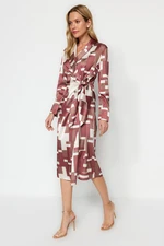 Trendyol Brown Wrapped Midi Woven Tie Detailed Geometric Patterned Woven Dress