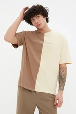 Trendyol hnedé pánske oversize/wide cut crew tričko s krátkym rukávom bloky