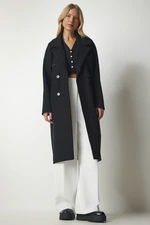 Happiness İstanbul Women's Black Double Breasted Collar Oversized Stamped Coat