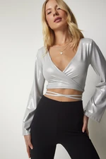 Happiness İstanbul Women's Metallic Gray Zip-up Sparkle Crop Top