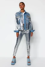 Trendyol Silver Shiny Metallic Printed Denim Jacket