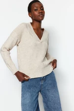 Trendyol Beige Soft Textured V-Neck Knitwear Sweater