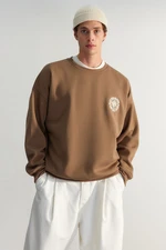 Trendyol Dark Brown Men's Oversized Floral Embroidered Cotton Sweatshirt with a Soft Pile Inside.