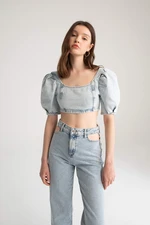 DEFACTO Slim Fit Balloon Sleeve Zippered Jean Crop Top