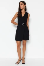 Trendyol Black Belted Double Breasted Collar Crepe Mini Knitted Jumpsuit