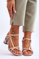 patent leather sandals with decorative heels D&A Beige