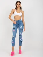 Women's blue denim jeans with print