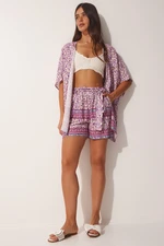 Happiness İstanbul Women's Plum Patterned Viscose Kimono Shorts Set