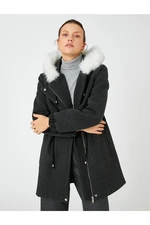 Koton Plush Detailed Coat with Tie Waist