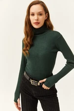 Olalook Women's Emerald Green Turtleneck Finger Detailed Lycra Blouse