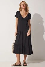 Happiness İstanbul Women's Black Viscose Deep V-Neck Bound Summer Dress