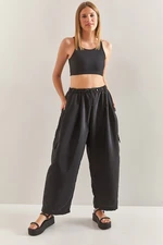 Bianco Lucci Women's Oversized Parachute Fabric Pants with Elastic Waist, Cargo Pocket.