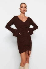 Trendyol Brown Mini Knitwear V-Neck Dress