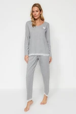 Trendyol Gray Heart Embroidered Lace Detailed Cotton Tshirt-Pants Knitted Pajamas Set