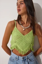 Happiness İstanbul Women's Pistachio Crop Knitwear Blouse with Tassels and Openwork