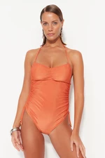 Trendyol Orange Strapless Pleated Textured High Leg Swimwear