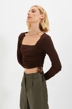 Trendyol Brown Square Collar Shirring Detail Fitted/Slippery Knitted Blouse with Crop