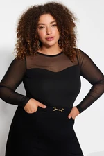 Trendyol Curve Black Sweetheart Neckline Tulle Detailed Knitted Blouse