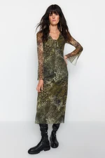 Trendyol Khaki V-Neck Tulle Lined Skater/Water Open Midi Knit Dress