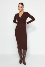 Trendyol Brown Textured Fabric V-Neck Waist Detail Maxi Knitted Dress