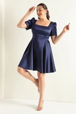 Lafaba Women's Navy Blue Balloon Sleeve Flared Cut Mini Large Size Satin Evening Dress