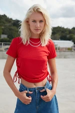 Trendyol Red 100% Cotton Shirring Detailed Basic Crew Neck Knitted T-Shirt