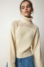 Happiness İstanbul Women's Cream Turtleneck Openwork Knitwear Sweater