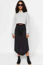 Trendyol Black Draped Detailed Midi Elastic Knitted Skirt