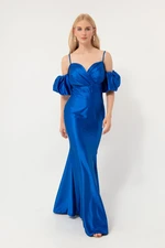 Lafaba Women's Saks Rope Straps Low-Sleeve Long Satin Evening Dress.