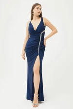 Lafaba Women's Navy Blue Stone Strap Long Evening Dress