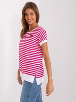 Fuchsia and white casual blouse with short sleeves