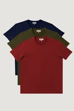 AC&Co / Altınyıldız Classics Men's Burgundy-navy-khaki Slim Fit Narrow Cut Crew Neck Pack of 3 100% Cotton T-Shirts