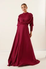 By Saygı Front Back Gathered Sleeves Button Detailed Lined Long Satin Dress