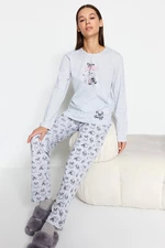 Trendyol Gray Melange Cotton Tshirt-Pants Knitted Pajama Set
