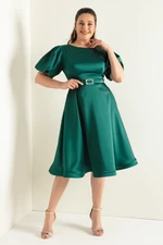 Lafaba Women's Emerald Green Balloon Sleeve Stone Belted Plus Size Satin Evening Dress