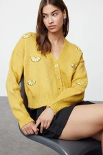 Trendyol Yellow Soft Textured Embroidery Detailed V-Neck Knitwear Cardigan